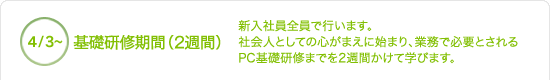 基礎研修、新入社員全員で行う社会人としての心がまえ、業務で必要とされるPC基礎研修